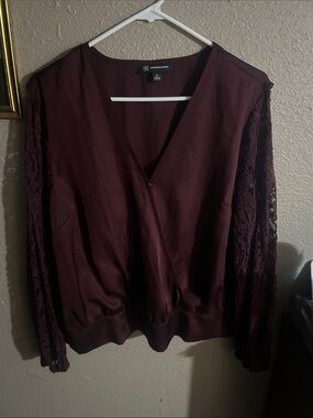 INC International Concepts Burgundy Lace-Sleeve Surplice Blouse